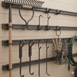 Nahaufnahme verschiedener Haken und Halter für die gartengeräte halter wand.