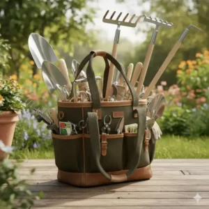 Gartengeräte Tasche Robust in voller Größe, beladen mit Schaufel, Rechen und anderen langen Handwerkzeugen.