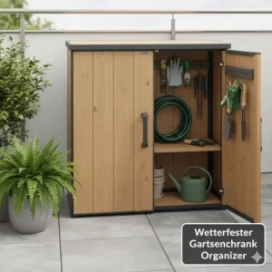 Wetterfester Gartenschrank aus Holz als Gartengeräte Organizer kaufen für Gartenzubehör auf dem Balkon oder der Terrasse.