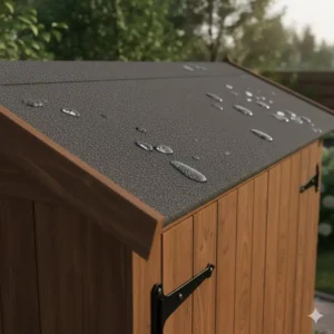 Das Bitumendach schützt den geräteschrank garten wetterfest vor Regen.