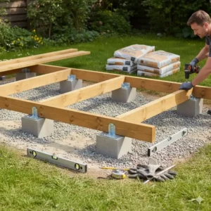 Anleitung und Bau des Fundaments für den Geräteschuppen Holz imprägniert.