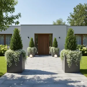 Zwei moderne pflanzkübel garten groß schmücken den Haupteingang.