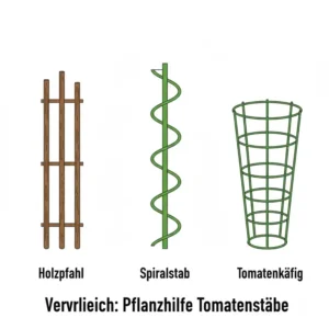 Vergleich verschiedener Stützarten wie Holzpfähle, Spiralstäbe und Käfige, die als Pflanzhilfe Tomatenstäbe eingesetzt werden.