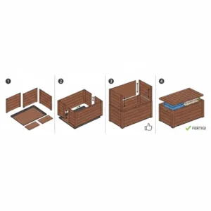 Illustration des leichten Aufbaus der Aufbewahrungsbox Garten wetterfest ohne Werkzeug.
