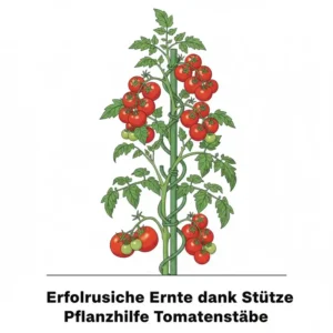 Große, reife rote Tomaten an einer Rebe, die sicher durch eine Pflanzhilfe Tomatenstäbe gestützt wird, um Bruch zu verhindern.