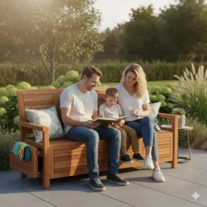 Gemütliche gartenbank mit aufbewahrung test auf der Terrasse, eine Familie sitzt entspannt darauf