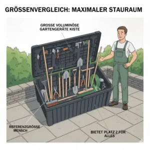 Größenvergleich der Gartengeräte Kiste groß neben kleineren Aufbewahrungslösungen.