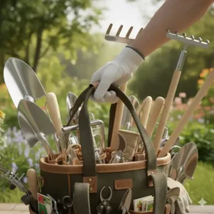 Hand hält die ergonomischen Tragegriffe der Gartengeräte Tasche Robust für einfachen Transport.