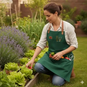 Eine Person trägt die praktische Gartenschürze mit Taschen beim Ernten von Beeren und Gemüse.