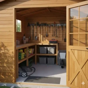 Aufgeräumte Innenansicht des Geräteschuppen Holz imprägniert mit viel Stauraum.
