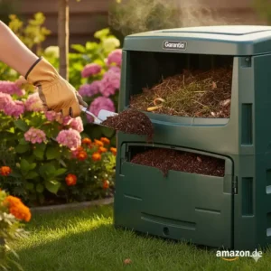 Hand, die fertigen Humus aus der Entnahmeklappe eines komposter thermo amazon schaufelt