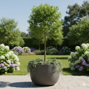 Runder, dekorativer pflanzkübel garten groß für Zierbäume.