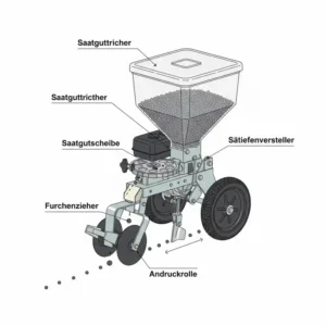 Schema, das die Funktionsweise einer sämaschine handbetrieben zeigt.