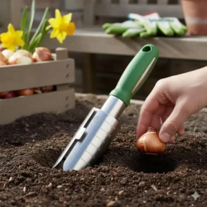 Eine Tulpenzwiebel einsetzen, in das Loch das die Zwiebelschneider Pflanzhilfe vorbereitet hat.