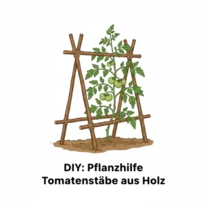 Eine Illustration oder ein Foto eines erschwinglichen DIY-Tomatenpfahls (selbstgebaute Pflanzhilfe Tomatenstäbe) aus einfachen Holzmaterialien.
