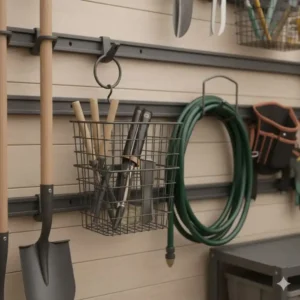 Ordnung für kleine Werkzeuge wie Kellen und Scheren an der gartengeräte halter wand.