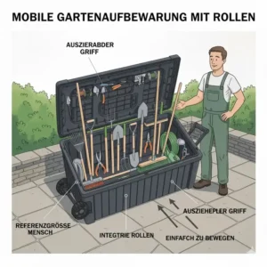 Mobile Gartengeräte Kiste groß mit praktischen Rollen und Transportgriffen.