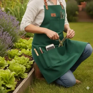 Gartenschürze mit Taschen und nützlichen Schlaufen für Gartenschere und andere Handwerkzeuge.