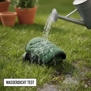Test der Wasserbeständigkeit der Kniepolster gegen feuchten Rasen oder Regenwasser im Garten Test.