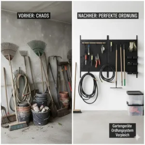 Vorher-Nachher-Vergleich: Eine chaotische Ecke vs. eine organisierte Wand mit Gartengeräte Organizer kaufen Ordnungssystem.