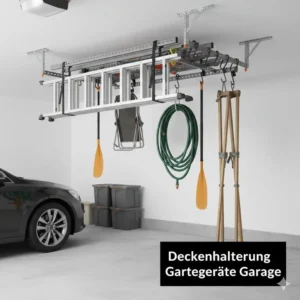Deckenhalterung für wenig genutzte Gartengeräte Organizer kaufen zur maximalen Platzersparnis in der Garage.