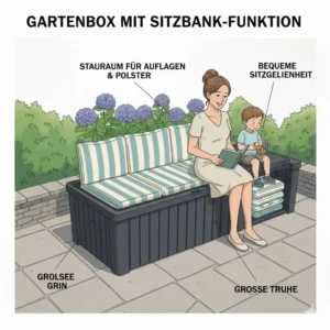 Funktionale Gartengeräte Kiste groß zur Aufbewahrung von Sitzauflagen und als Bank nutzbar.