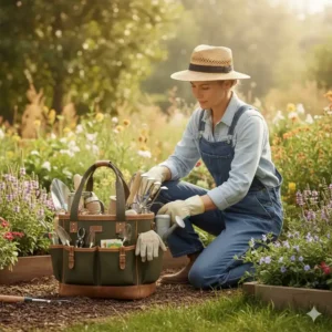 Gartengeräte Tasche Robust liegt im Garten neben einem Gärtner, bereit zum einfachen Zugriff auf Werkzeuge.