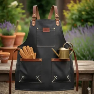 Stilvolles Design der Gartenschürze mit Taschen in dunklem Grün mit Lederdetails.