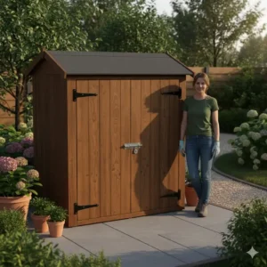 Größenvergleich des geräteschrank garten wetterfest in der Gartenlandschaft.