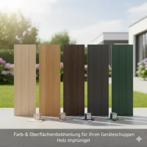 Übersicht über verschiedene Farben und Oberflächen für den Geräteschuppen Holz imprägniert.