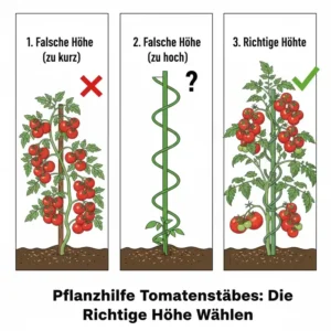 Diagramm, das die Wichtigkeit der Auswahl der richtigen Höhe der Pflanzhilfe Tomatenstäbe im Verhältnis zur erwarteten Wuchshöhe der Pflanze zeigt.