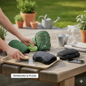 Anleitung oder Vergleich der Reinigung und Pflege verschiedener Kniepolster Garten Modelle.