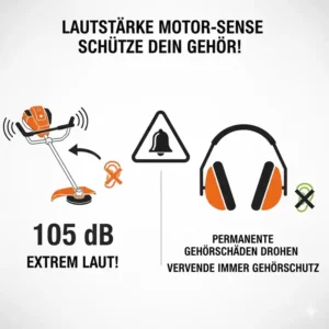 Darstellung der hohen Lärmbelastung Motorsense (z.B. 100-110 dB) und der Notwendigkeit von Gehörschutz Motorsense.