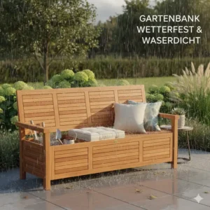 Geschlossene gartenbank mit aufbewahrung test, die Kissen im Inneren sind vor Regen und Feuchtigkeit geschützt