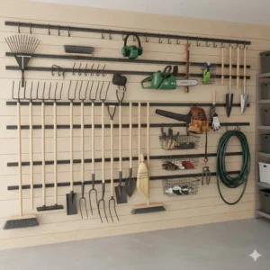 Optimal organisierte Werkstatt mit kompletter gartengeräte halter wand, maximiert den Platz.