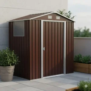 Kleiner brauner gartengeräte schuppen metall für die Terrasse