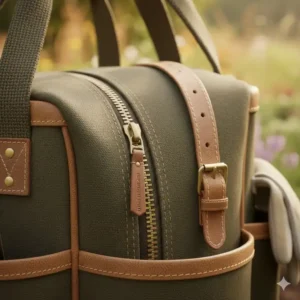 Nahaufnahme der soliden, robusten Reißverschlüsse oder Verschlüsse der Gartengeräte Tasche Robust.