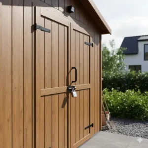 Sicherer Geräteschuppen Holz imprägniert mit stabiler Doppeltür und robustem Schließmechanismus.