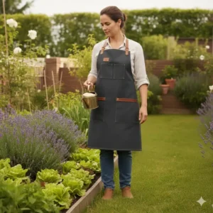 Lange Schutzabdeckung der Gartenschürze mit Taschen für saubere Kleidung im Garten.