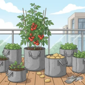 Mehrere Pflanzsack Tomaten Kartoffeln nutzen den Raum auf dem Balkon optimal aus.