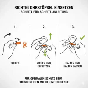 Schritt-für-Schritt-Anleitung zur korrekten Anwendung und dem Einsetzen von Ohrstöpseln Motorsense als Schutz beim Freischneiden mit der Motorsense.