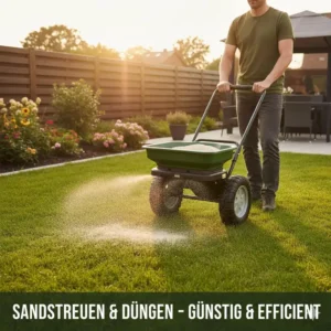 Sandstreuer Garten günstig in Anwendung, gleichmäßige Verteilung von Sand auf dem Rasen.