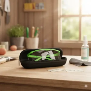 Schutzbrille Gartenarbeit in einem sauberen Etui, symbolisiert die richtige Pflege und Aufbewahrung.