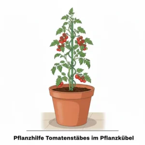 Eine Pflanzhilfe Tomatenstäbe installiert in einem Kübel oder großen Pflanzkasten für den Anbau von Tomaten auf dem Balkon.