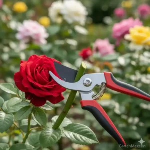 Detailansicht einer Bypass-Gartenschere, die beste Gartenschere für Rosenschnitt, empfohlen für sauberen Schnitt.