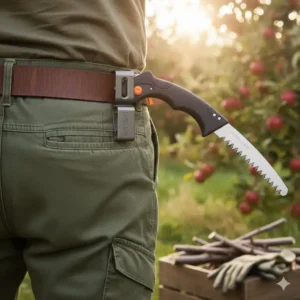 Detailaufnahme der Klappsäge für Obstbäume mit Gürtelclip am Gürtel.