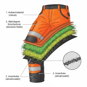 Detailaufnahme des Schutzmaterials: Mehrere Lagen, die die Kette der Schnittschutzhose Motorsäge blockieren.