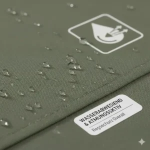 Detailaufnahme des gewebten Stoffs vom Regenschutz Gartenarbeit Overall, die die Wasserdichtigkeit zeigt.