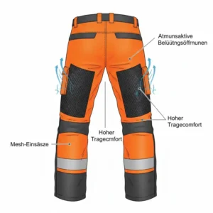 Die atmungsaktiven Mesh-Einsätze zur Belüftung der Schnittschutzhose Motorsäge an der Beinrückseite.