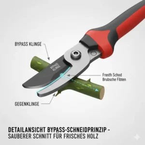 Detailansicht des Schneidprinzips der Hand-Astschere mit Bypass-Technik für einen sauberen Schnitt